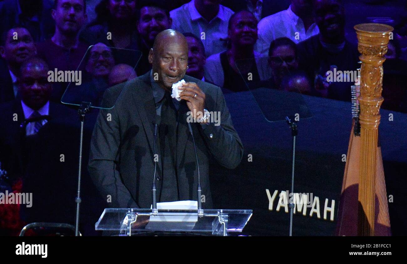 Los Angeles, United States. 25th Feb, 2020. A tearful Michael Jordan brought a moment of levity to the somber memorial for Kobe Bryant on when he joked about the 'Crying Jordan' meme to family, friends and fans attending the Celebration of Life for Kobe and Gianna Bryant memorial ceremony at Staples Center in Los Angeles on Monday, February 24, 2020. Kobe Bryant and Gianna Bryant were killed along with seven other people in a helicopter crash in Calabasas on January 26. Photo by Jim Ruymen/UPI Credit: UPI/Alamy Live News Stock Photo