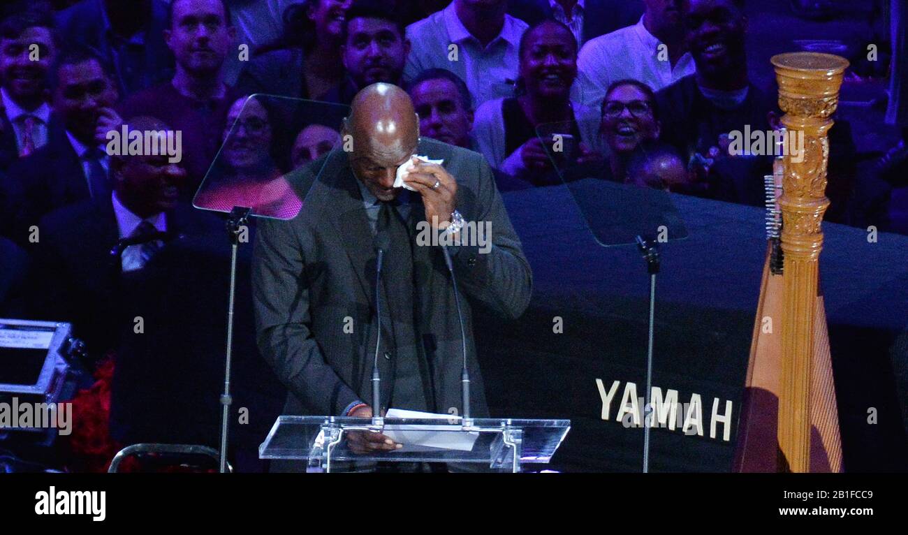 Los Angeles, United States. 25th Feb, 2020. A tearful Michael Jordan brought a moment of levity to the somber memorial for Kobe Bryant on when he joked about the 'Crying Jordan' meme to family, friends and fans attending the Celebration of Life for Kobe and Gianna Bryant memorial ceremony at Staples Center in Los Angeles on Monday, February 24, 2020. Kobe Bryant and Gianna Bryant were killed along with seven other people in a helicopter crash in Calabasas on January 26. Photo by Jim Ruymen/UPI Credit: UPI/Alamy Live News Stock Photo