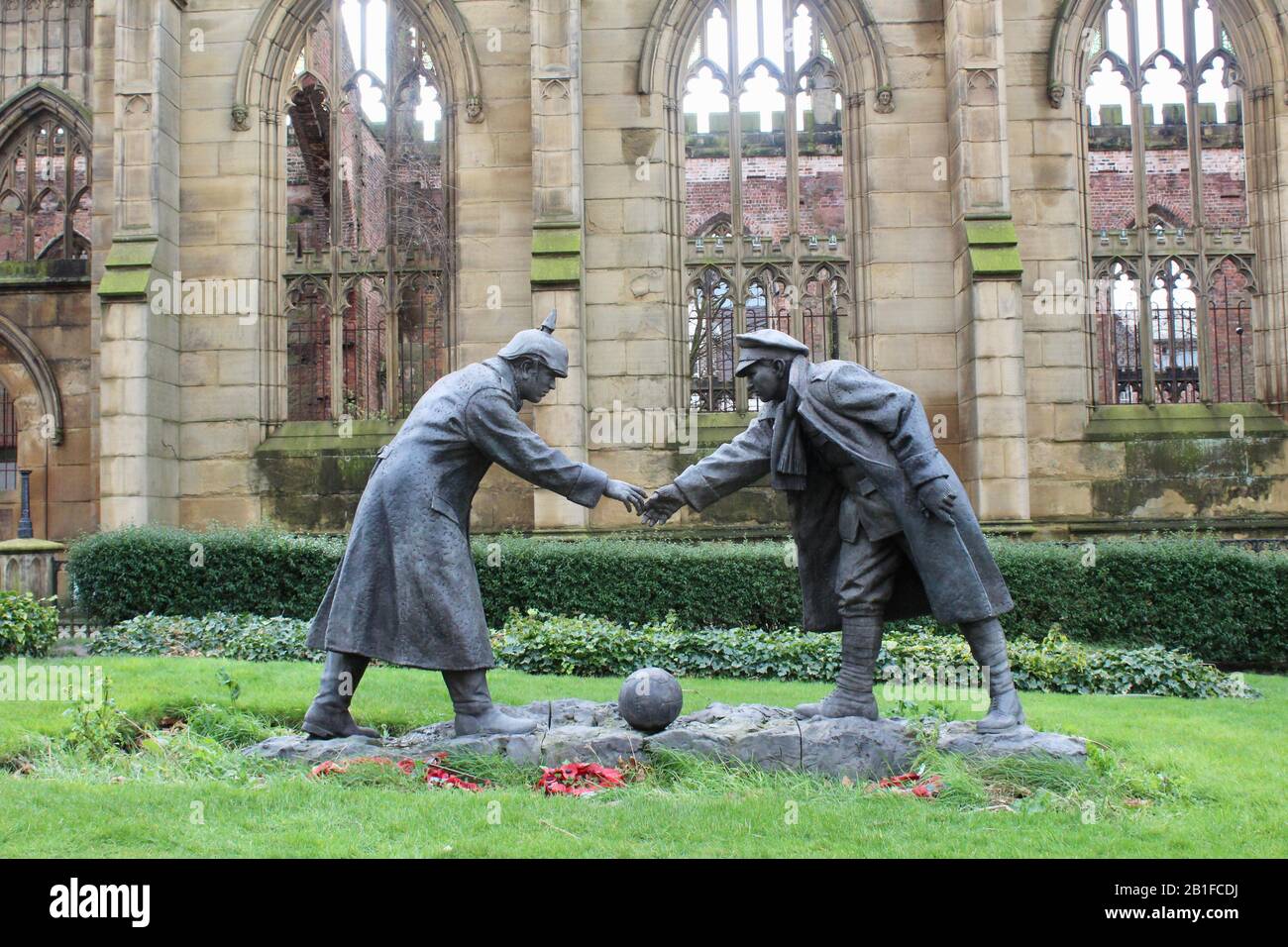 the christmas truce football statue at st lukes bombed out church in liverpool england UK Stock Photo