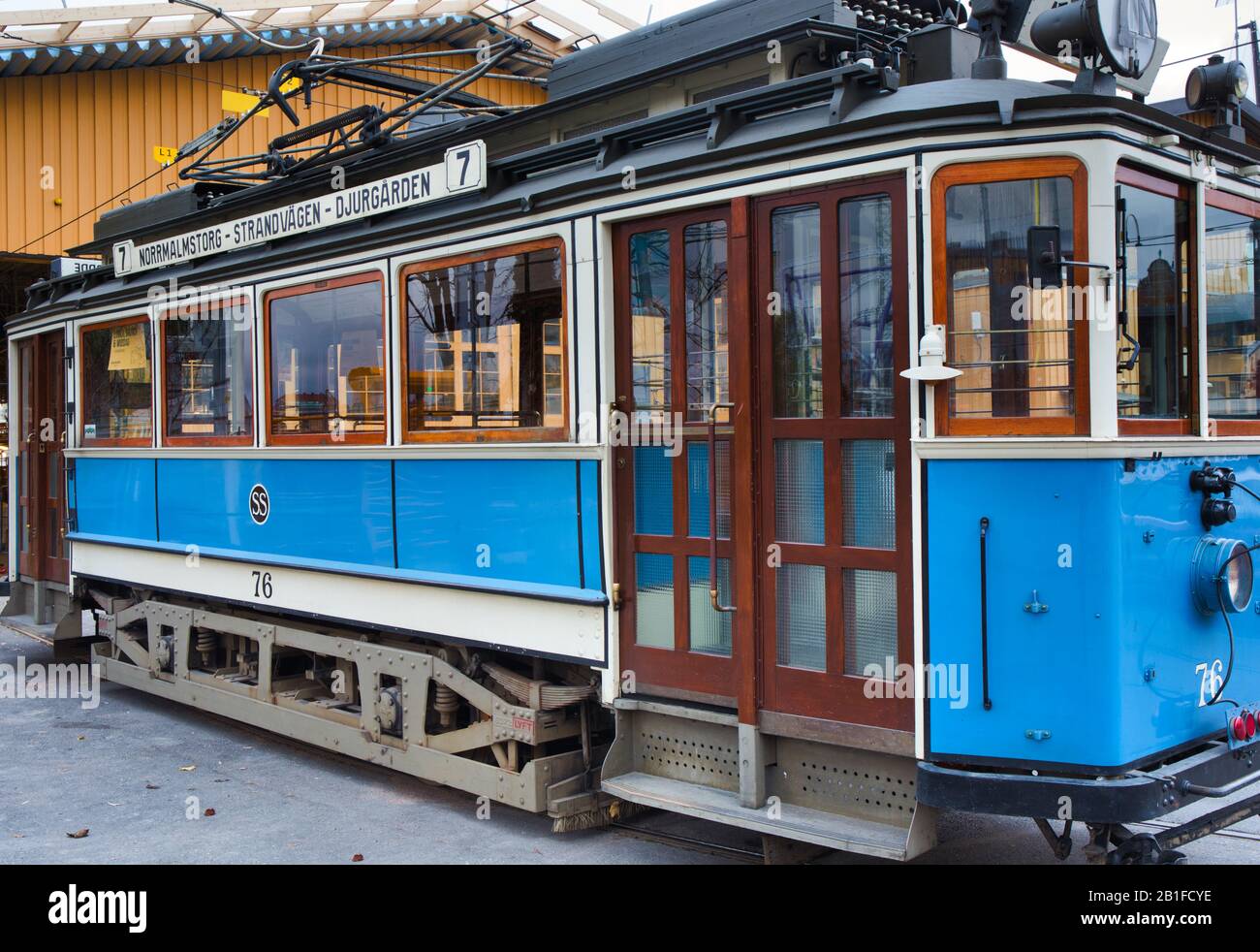 Number 7 heritage tram built in 1920 on the Djurgardslinjen, Djurgarden, Stockholm, Sweden Stock Photo
