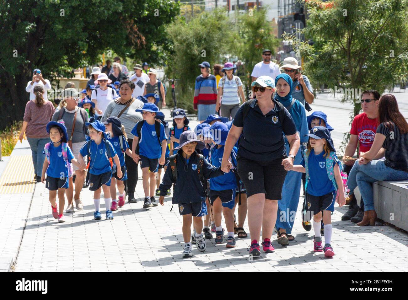 Primary school children in Oxford Terrace, Christchurch Central City, Christchurch, Canterbury Region, New Zealand Stock Photo