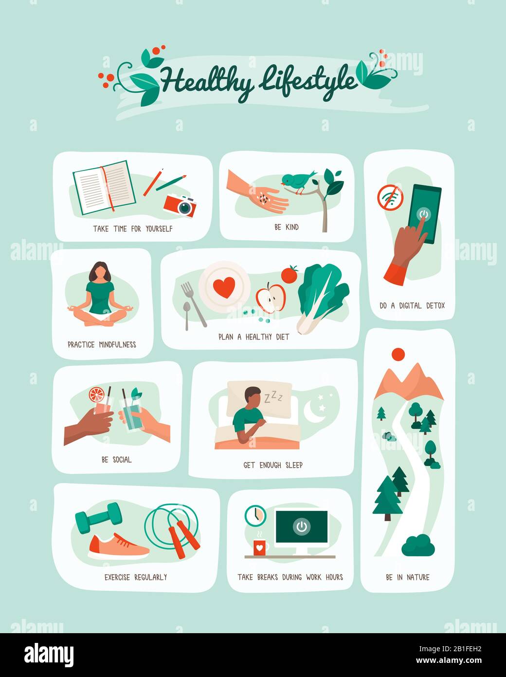 Healthy lifestyle and self care vector infographic with tips for a balanced healthy living Stock Vector