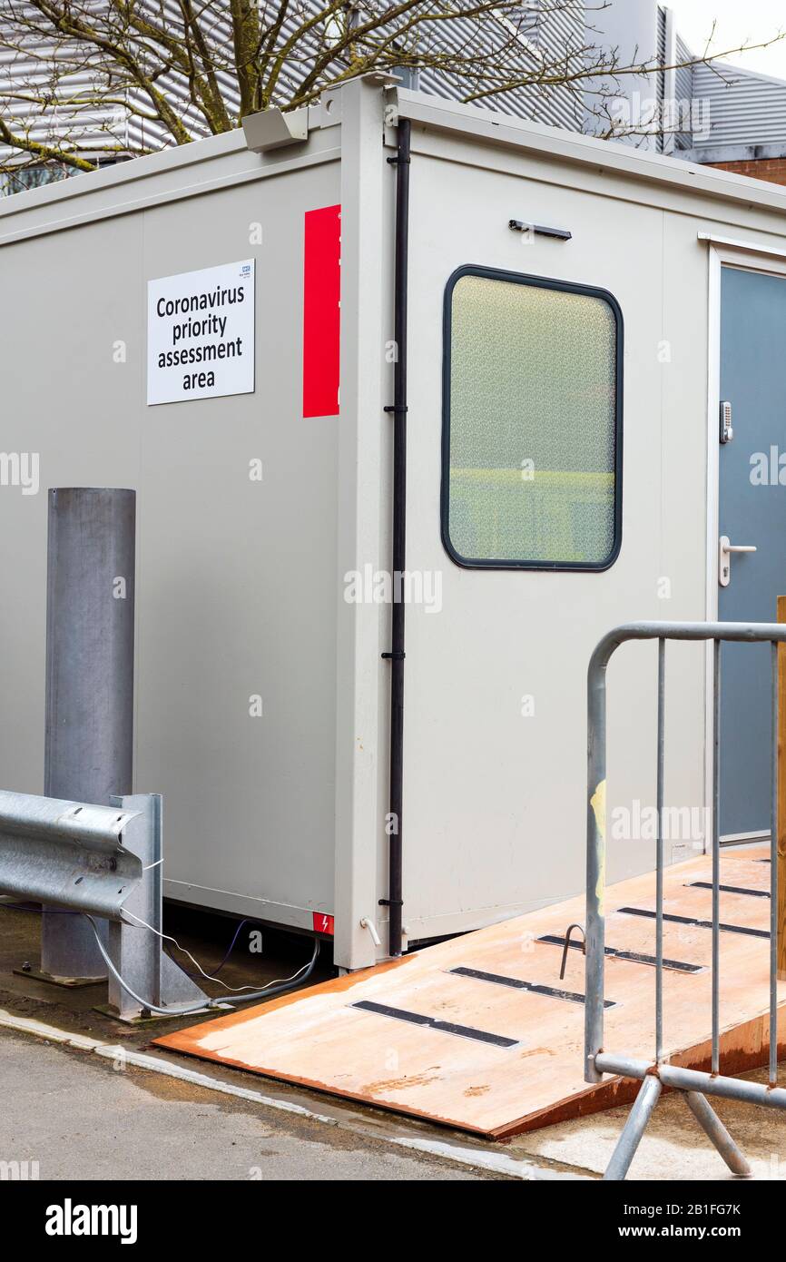 Coronavirus pod, kabin assessment pods at a UK hospital. Isolation pod to assess patients without going in to A&E. Stock Photo