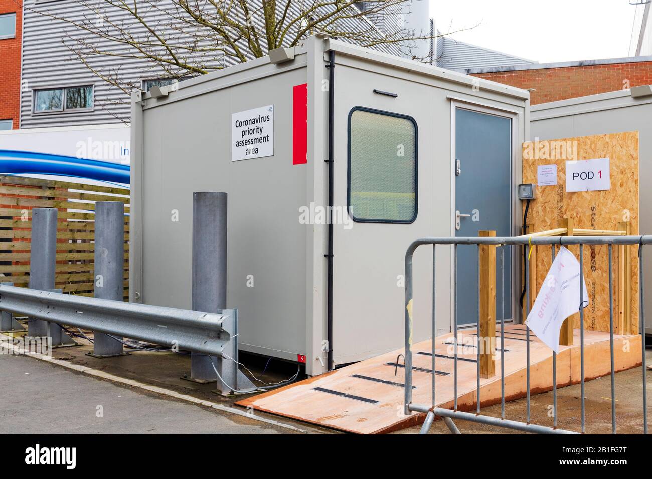 Coronavirus pods kabin assessment pod at a UK hospital. Isolation pod to assess patients without going in to A&E. Stock Photo
