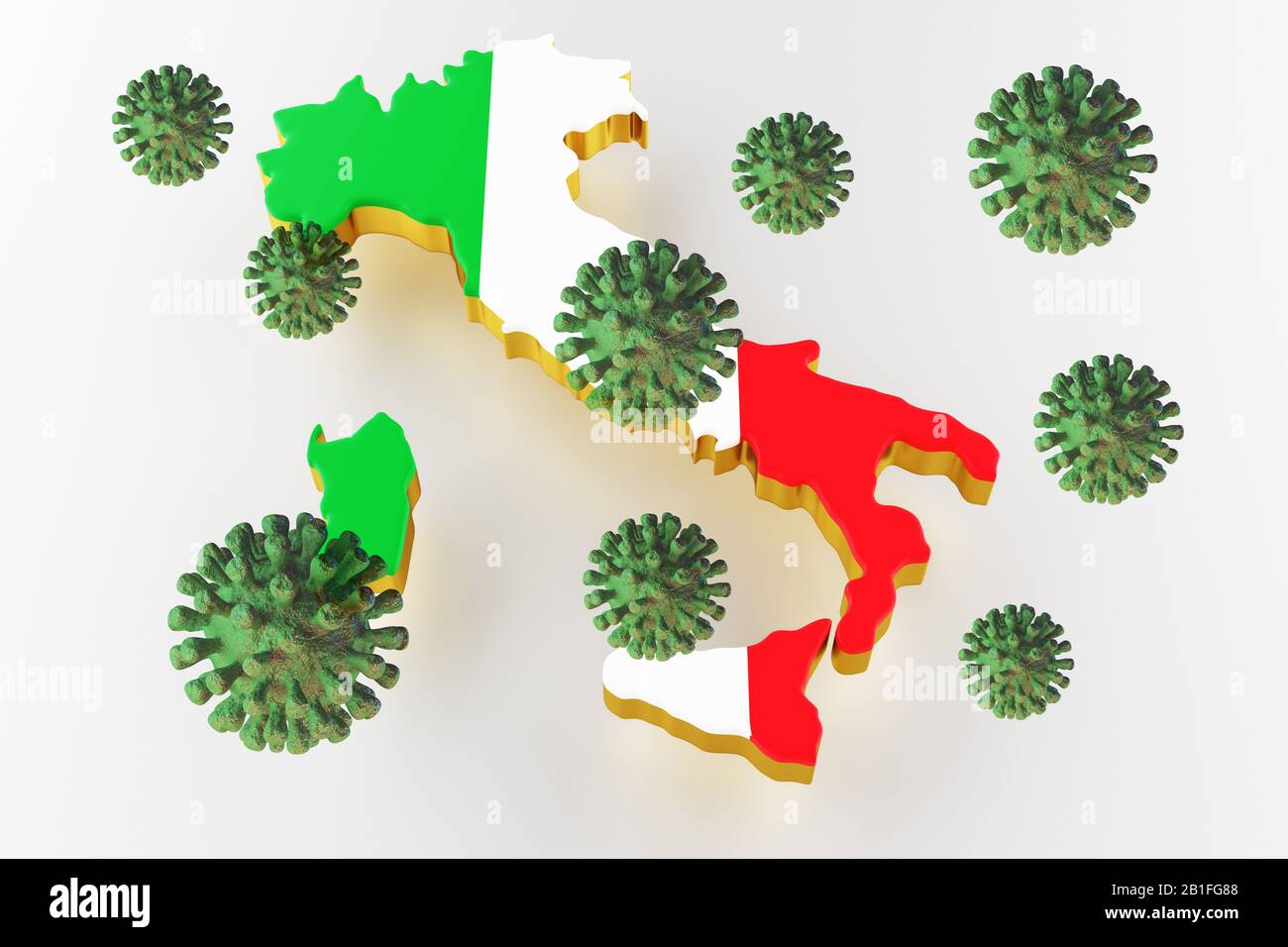 Image of coronavirus on a map of italy. The epidemic in Italy. 3d rendering Stock Photo