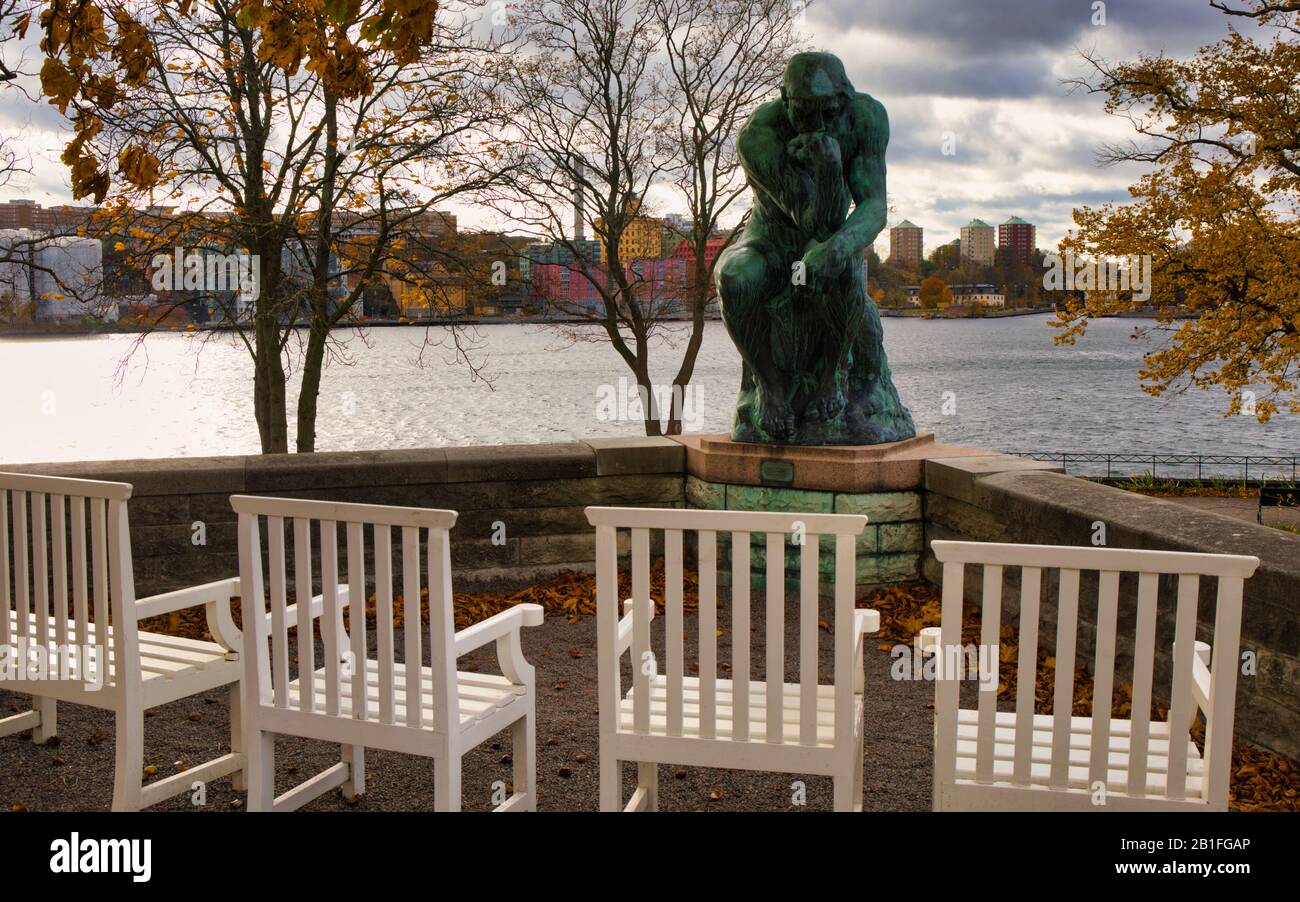 Copy of the Thinker by Auguste Rodin on the waterfront terrace at Prins Eugens Waldermasudde, Djurgarden, Stockholm, Sweden Stock Photo