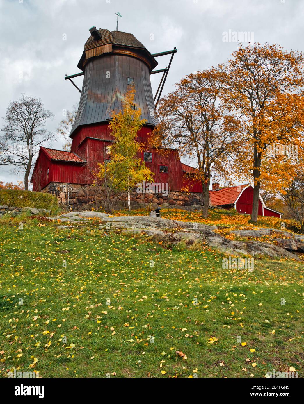 Dutch style Waldermasudde windmill, Prins Eugen's Waldermasudde, Djurgarden, Stockholm, Sweden Stock Photo