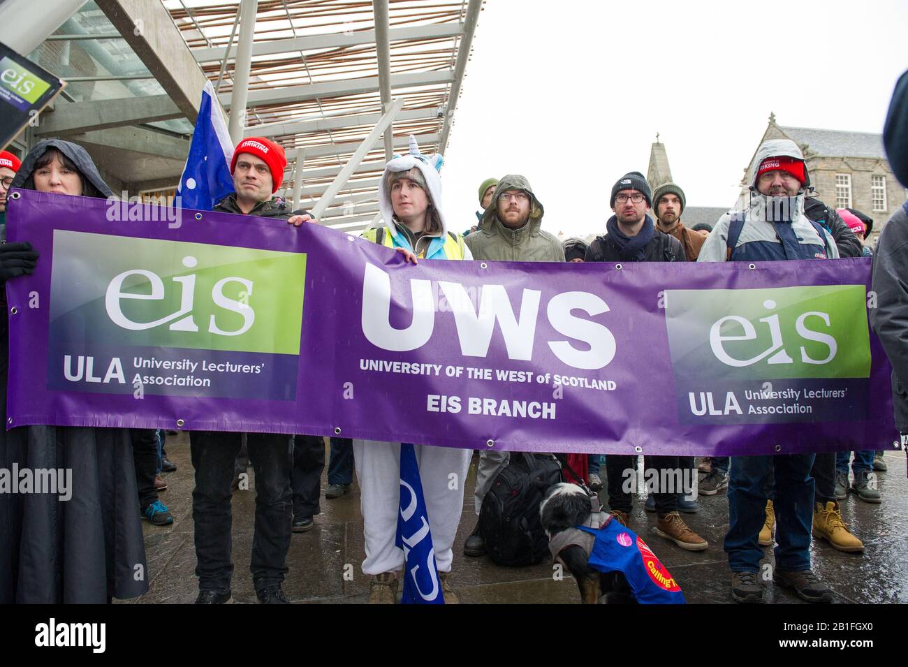 Edinburgh, UK. 25th Feb, 2020. Pictured: Protest outside of the Scottish Parliament, where students are protesting against the draconian measures put in place over higher education pay, pensions and working conditions by the universities. Credit: Colin Fisher/Alamy Live News Stock Photo