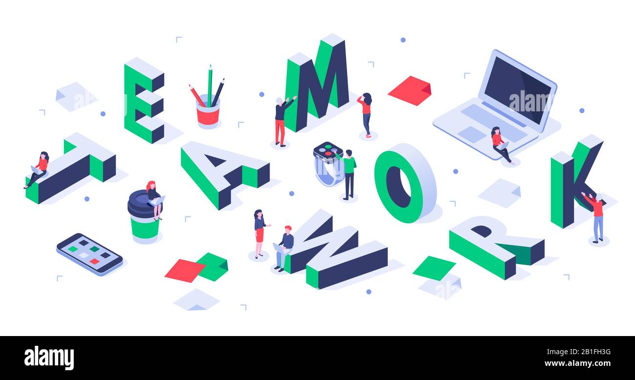 Isometric teamwork lettering. Creative team, business people partnership and successful people working together vector illustration Stock Vector
