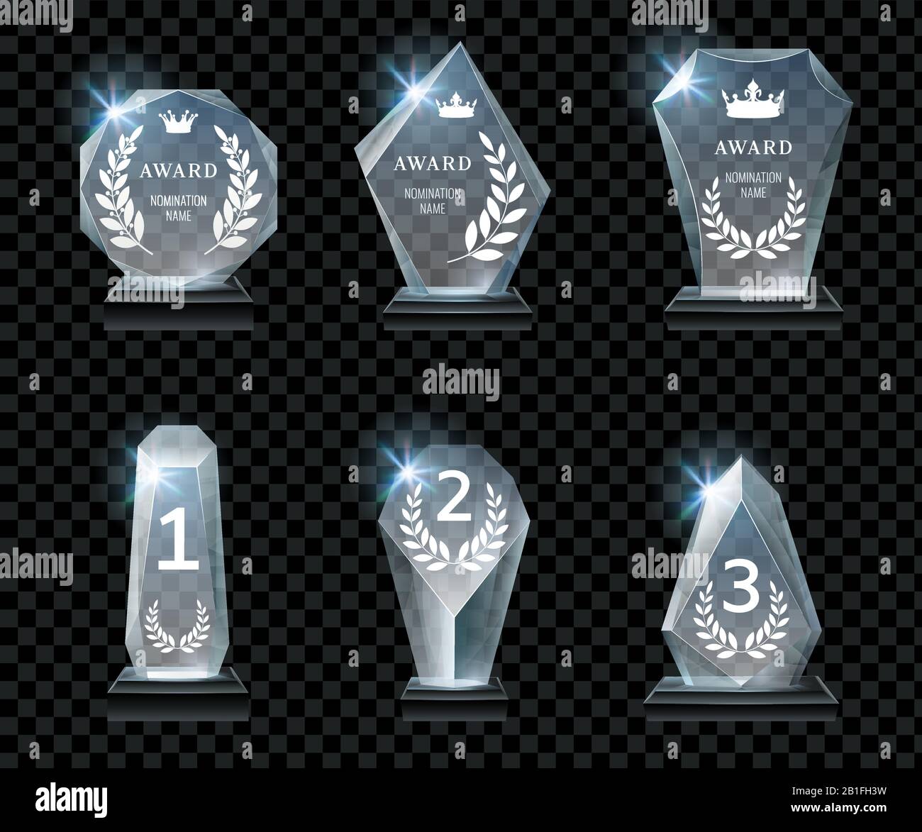 Winner glass trophy. First place award, crystal prize and signed acrylic trophies realistic vector set Stock Vector