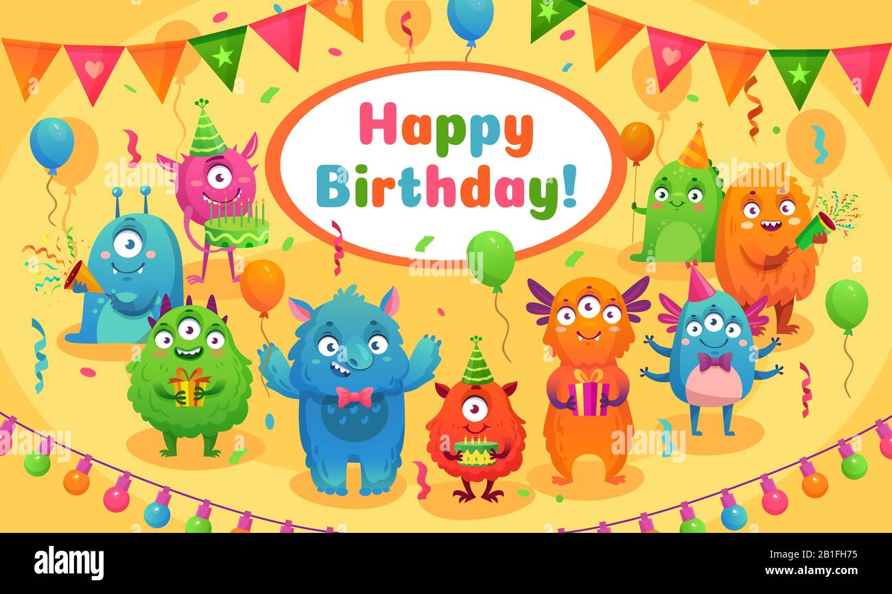 Happy birthday monsters. Kids birthday party cute monster mascot, monsters anniversary greeting card cartoon vector illustration Stock Vector