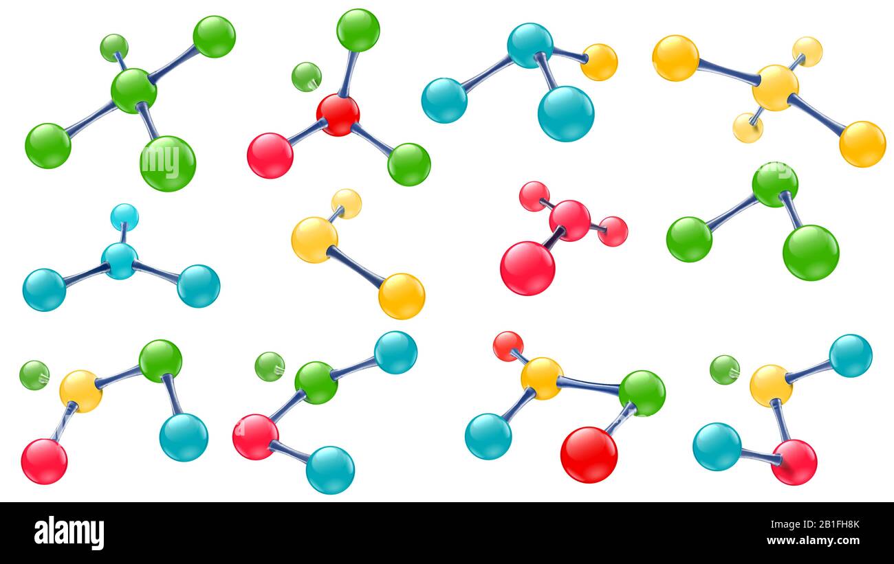 Science lab molecules. Vitamin molecule, chemical molecular structure and color molecules models 3d vector set Stock Vector