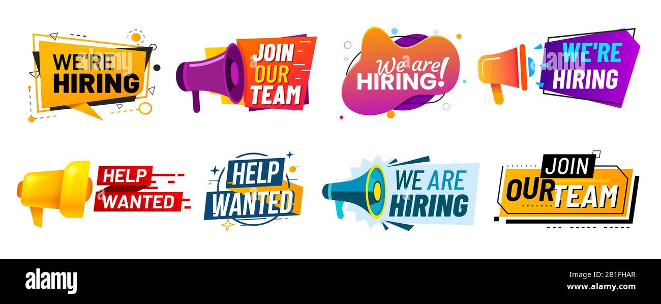 Join our team banners. We are hiring communication poster, help wanted advertising banner with speaker and vacant badge vector set Stock Vector