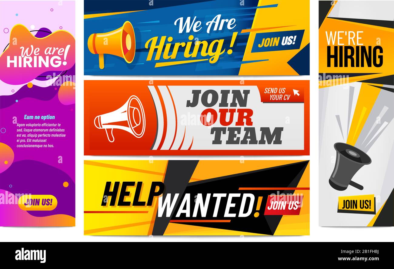 We are hiring banners. Join our team, vacancy promotional banner and hirings creative template vector illustration set Stock Vector