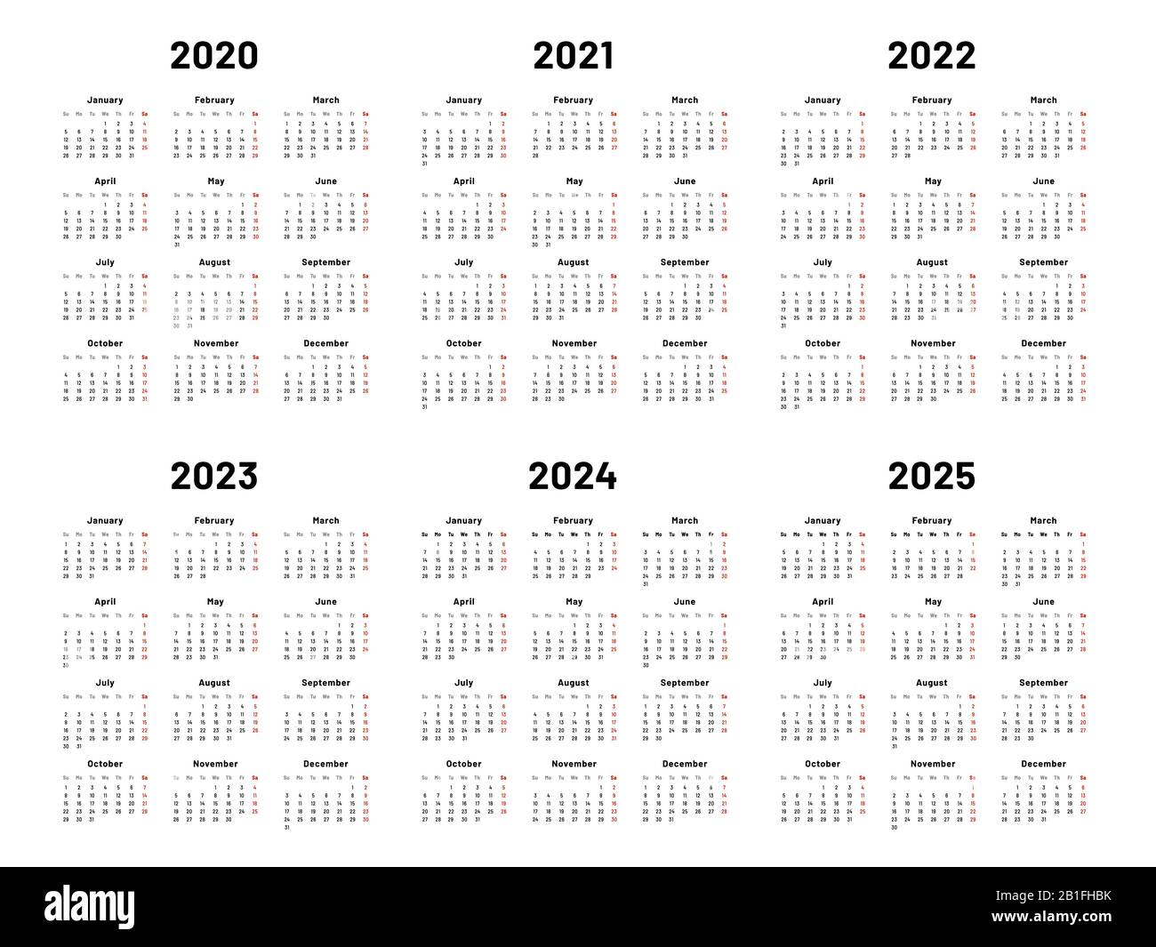 Calendar grid. 2020 2021 and 2022 yearly calendars. 2023, 2024 years organizer and 2025 year weekdays vector illustration set Stock Vector