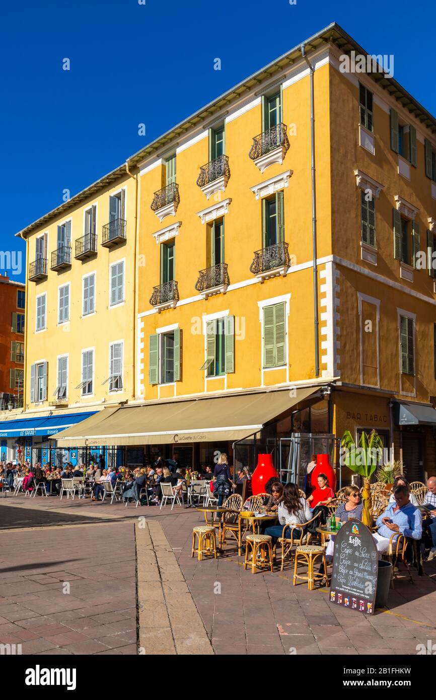 Restaurants in Cours Saleya, Nice, South of France, Stock Photo