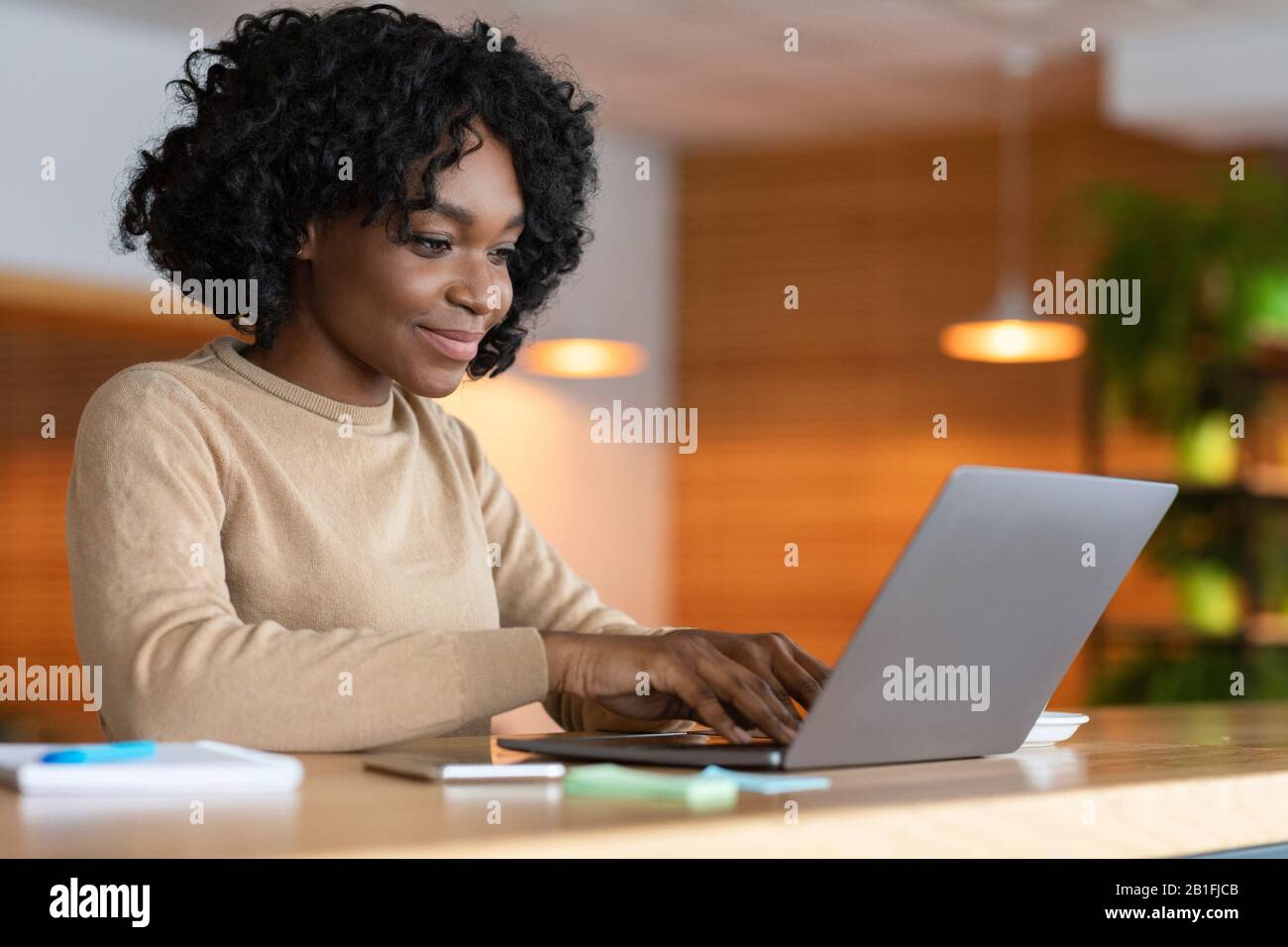Female blogger working at cafe, typing on laptop Stock Photo