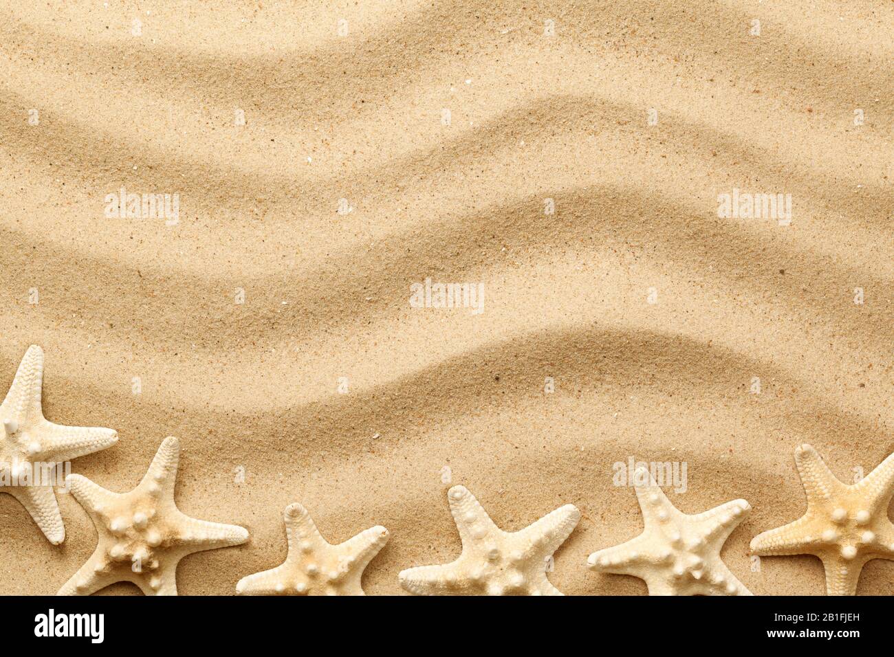 Starfishes on wavy sand background for summer designs. Top view, flat lay Stock Photo
