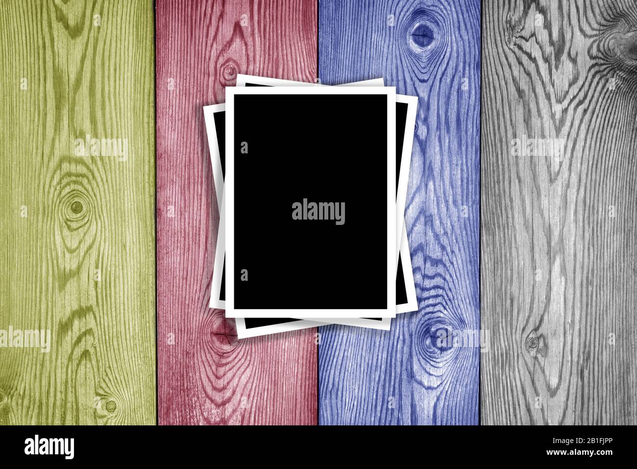 wood multicolor panel with three photos Stock Photo
