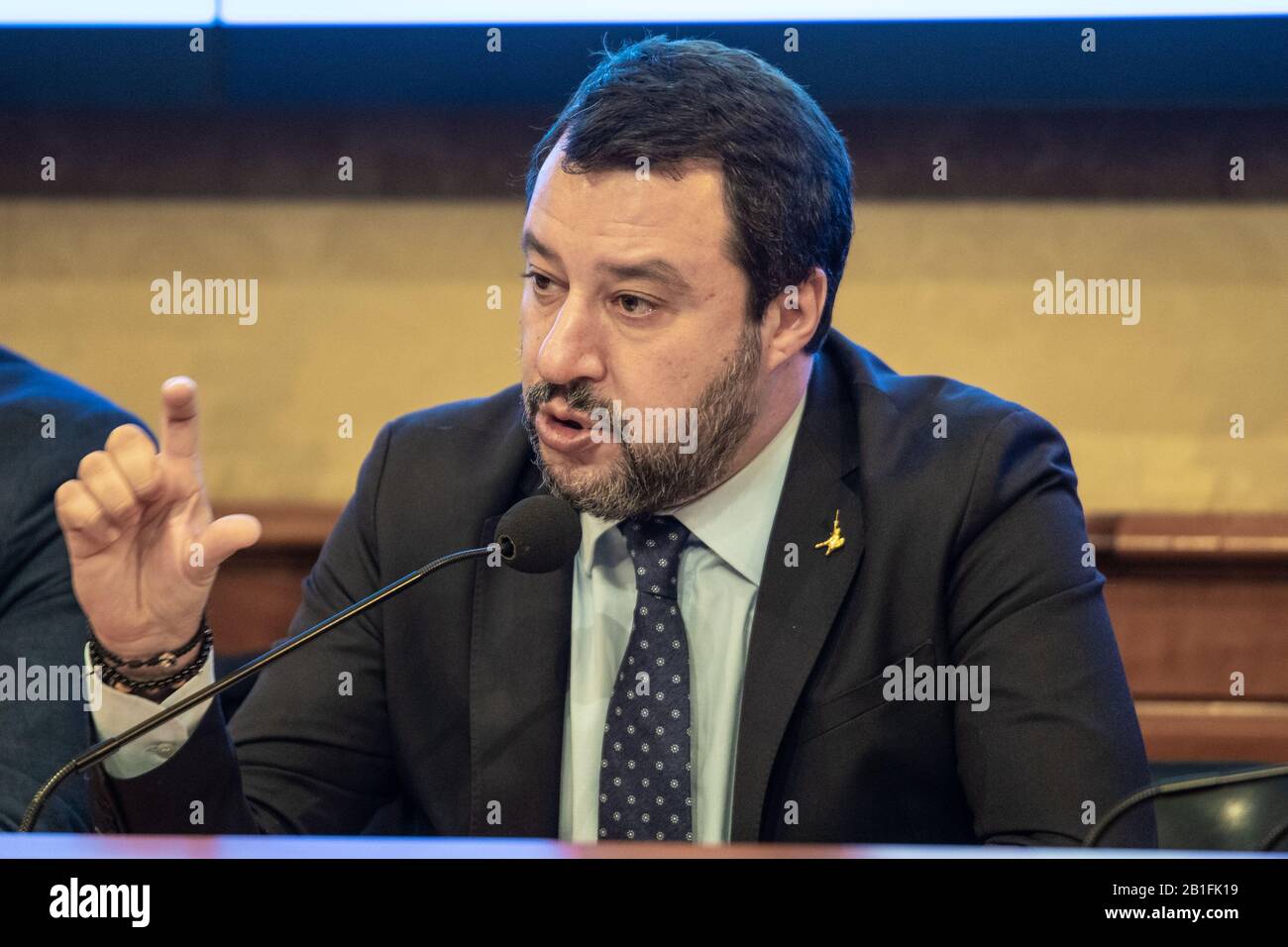 Matteo Salvini, leader of the political party Lega Nord speaks during the  press conference "Coronavirus: the proposals of the Lega Nord party to  protect families" in Rome Stock Photo - Alamy