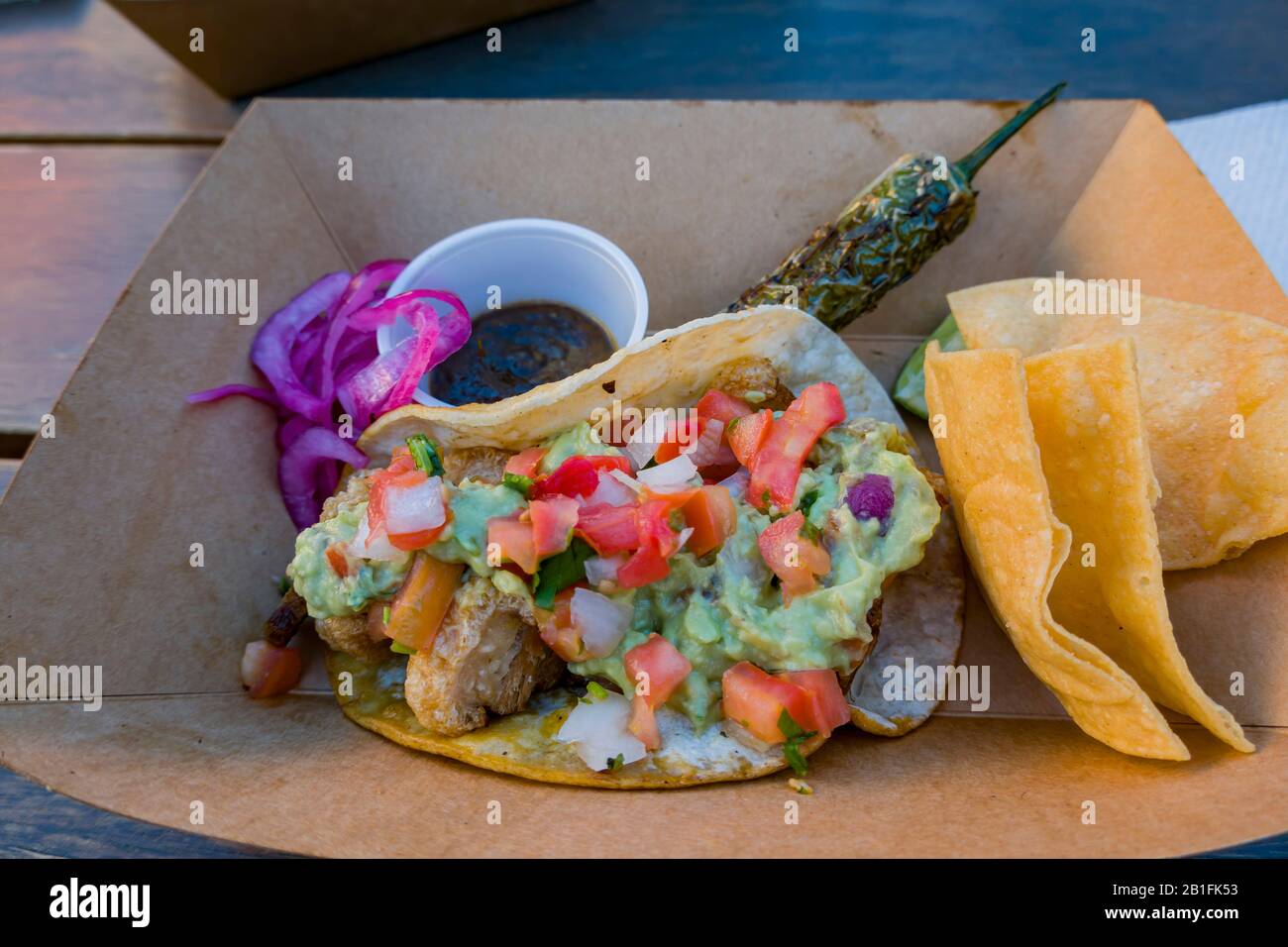 Close up shot of a box of Mexican style taco at Denver, Colorado Stock Photo