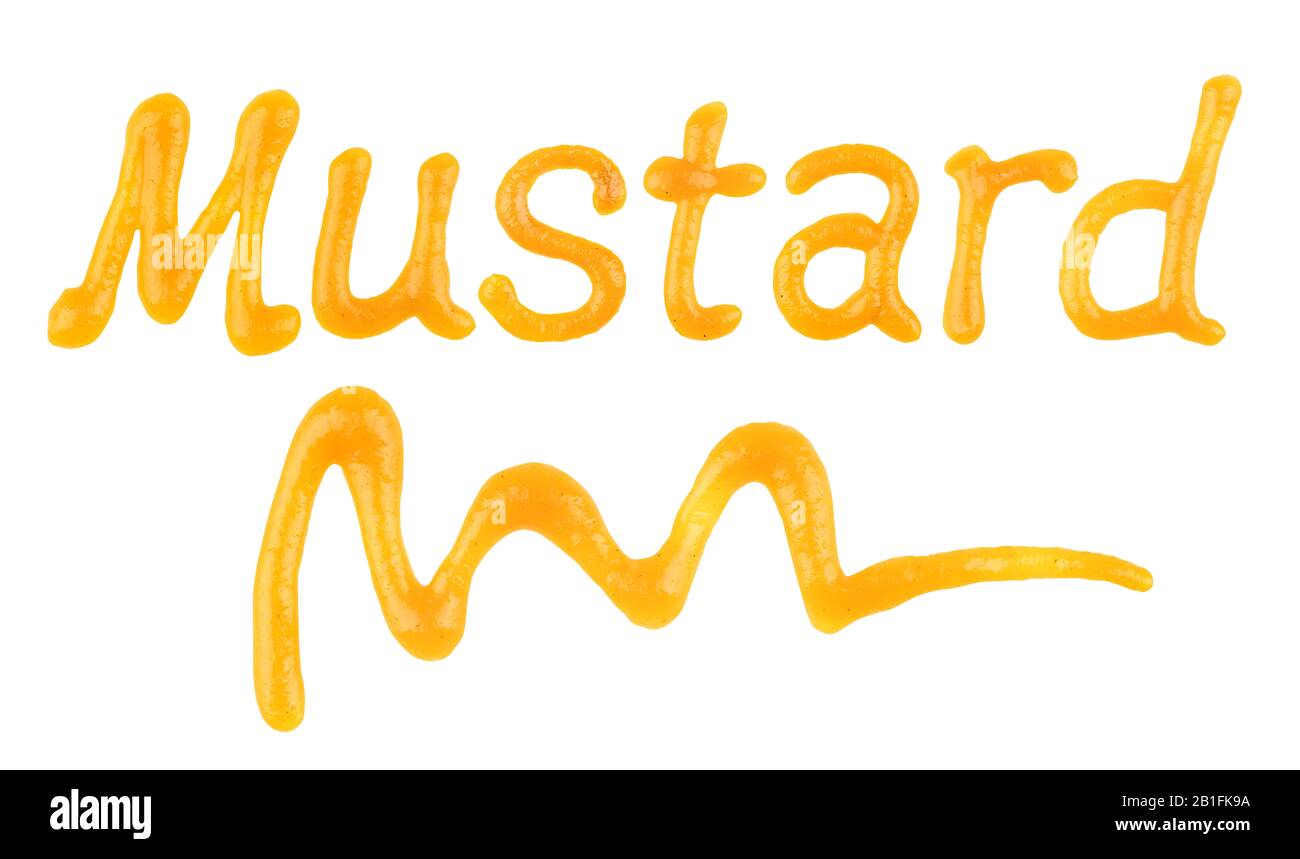 The word "Mustard" written using yellow ketchup Stock Photo