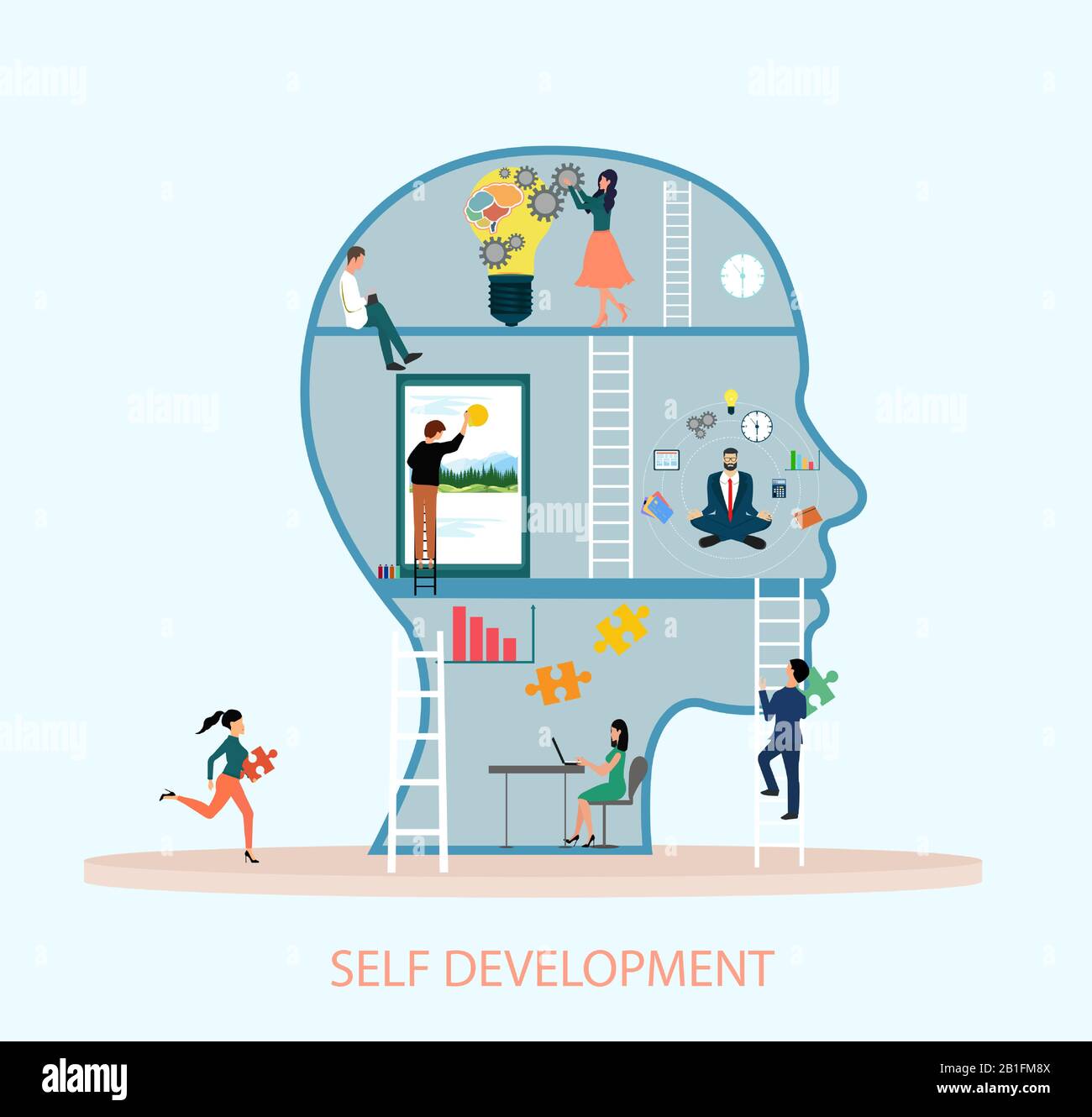 Self development concept. Vector of a group of creative people working hard on self improvement and climbing ladder of success. Stock Vector