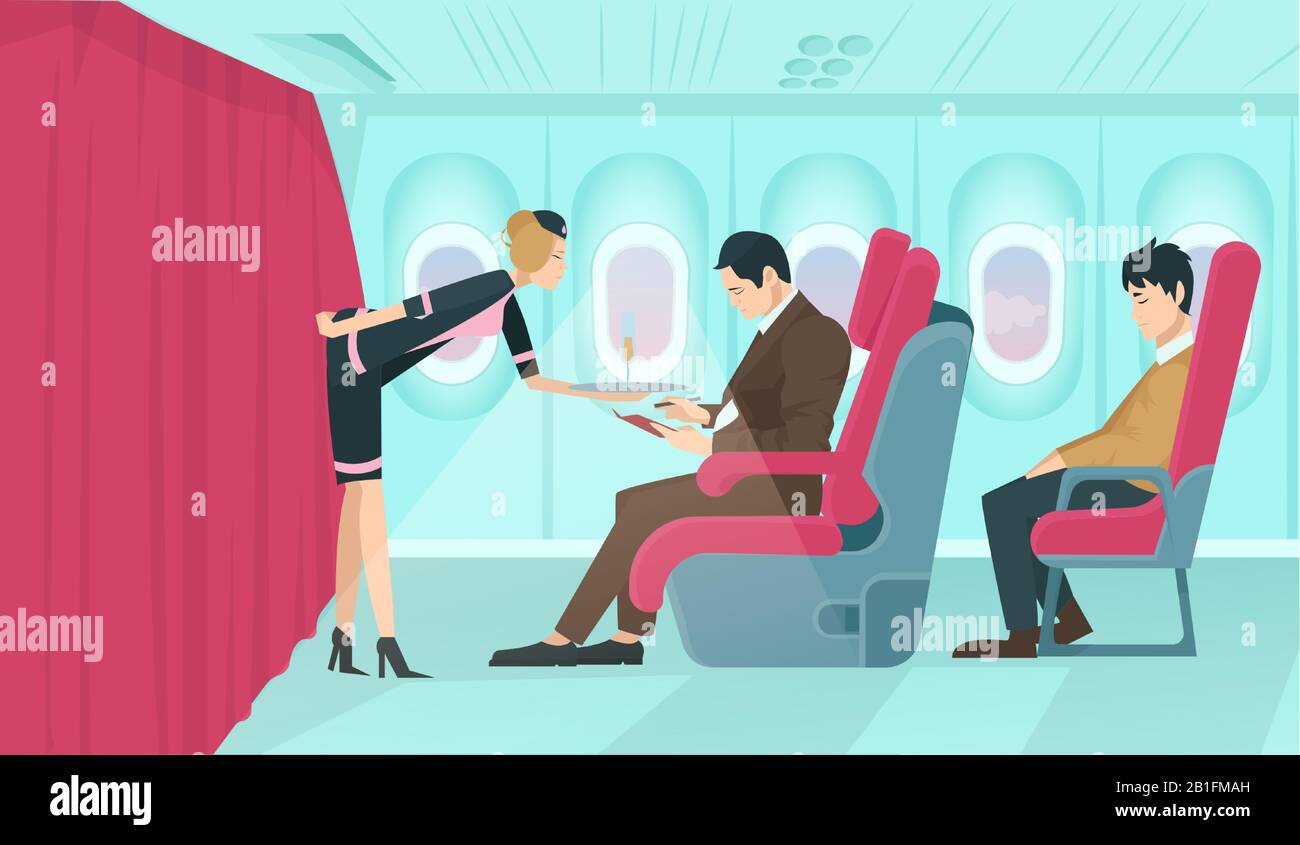 Vector of a flight attendant serving drinks to a first class passenger sitting on a comfortable armchair with economy class guy squeezed behind on boa Stock Vector