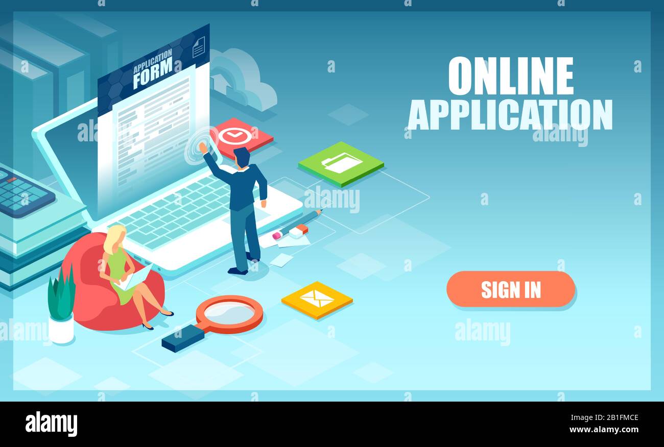 Vector of a man and woman working on computers and filling out online applications. Stock Vector