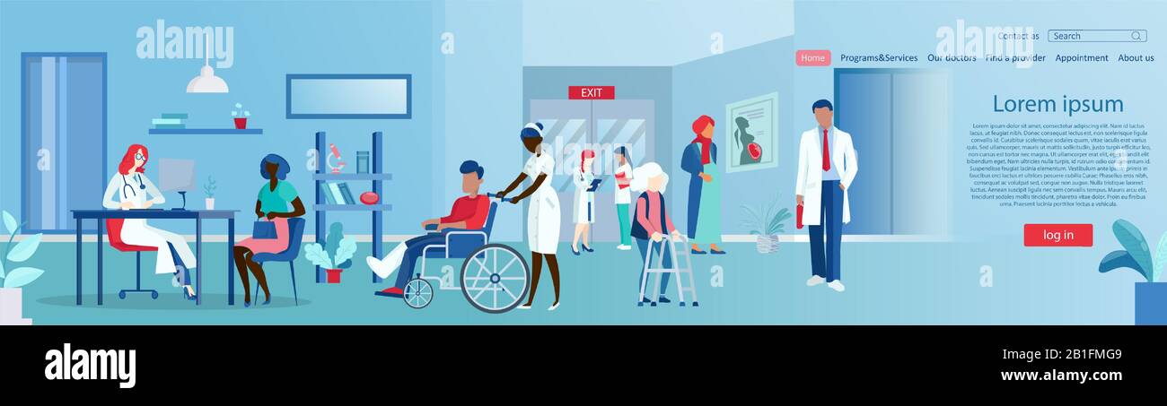 Vector of multicultural patients standing in hospital hall with doctors and nurses assiting and giving consultation Stock Vector
