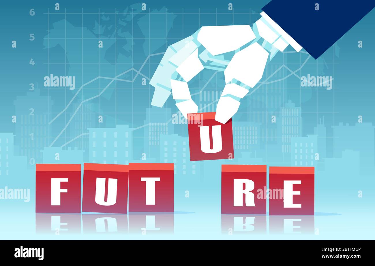 Vector of a robot hand assembling word future with red cubes Stock Vector