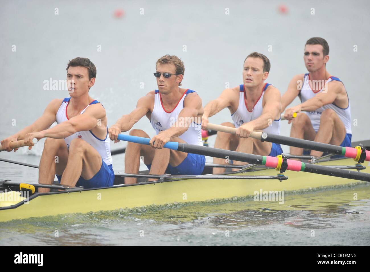 Shunyi, CHINA.  Heat of the Lightweight men's four, GBR LM4-, Bow, Richard CHAMBERS, James LINDSAY FYNN, Paul MATTICK and James CLARK, move away from the start, at the 2008 Olympic Regatta, Shunyi Rowing Course. Sunday 10.08.2008  [Mandatory Credit: Peter SPURRIER, Intersport Images] Stock Photo