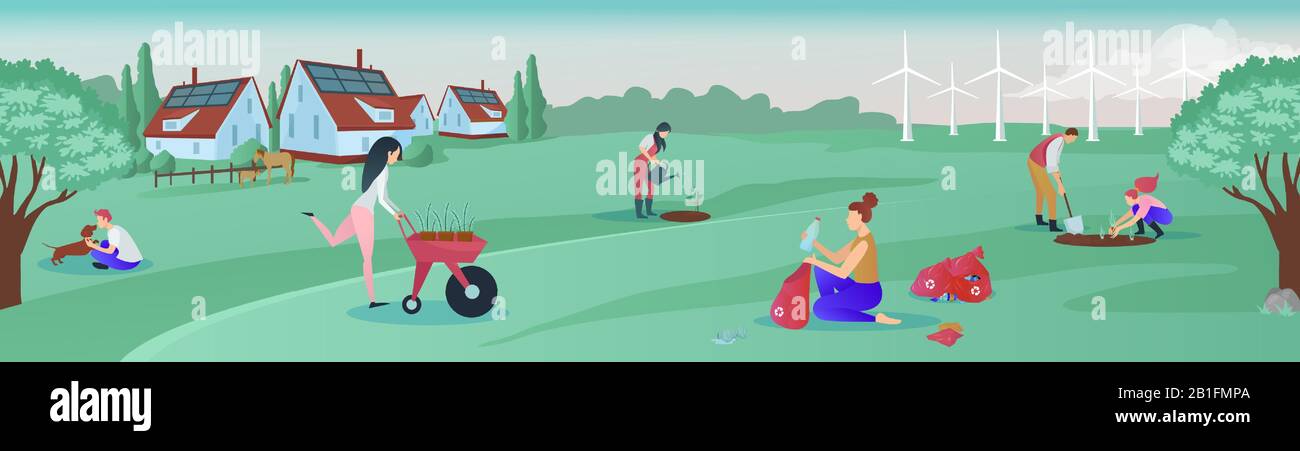 Vector of a group of people living in green rural area cooperating for environmental protection recycling waste, planting new trees plants using renew Stock Vector