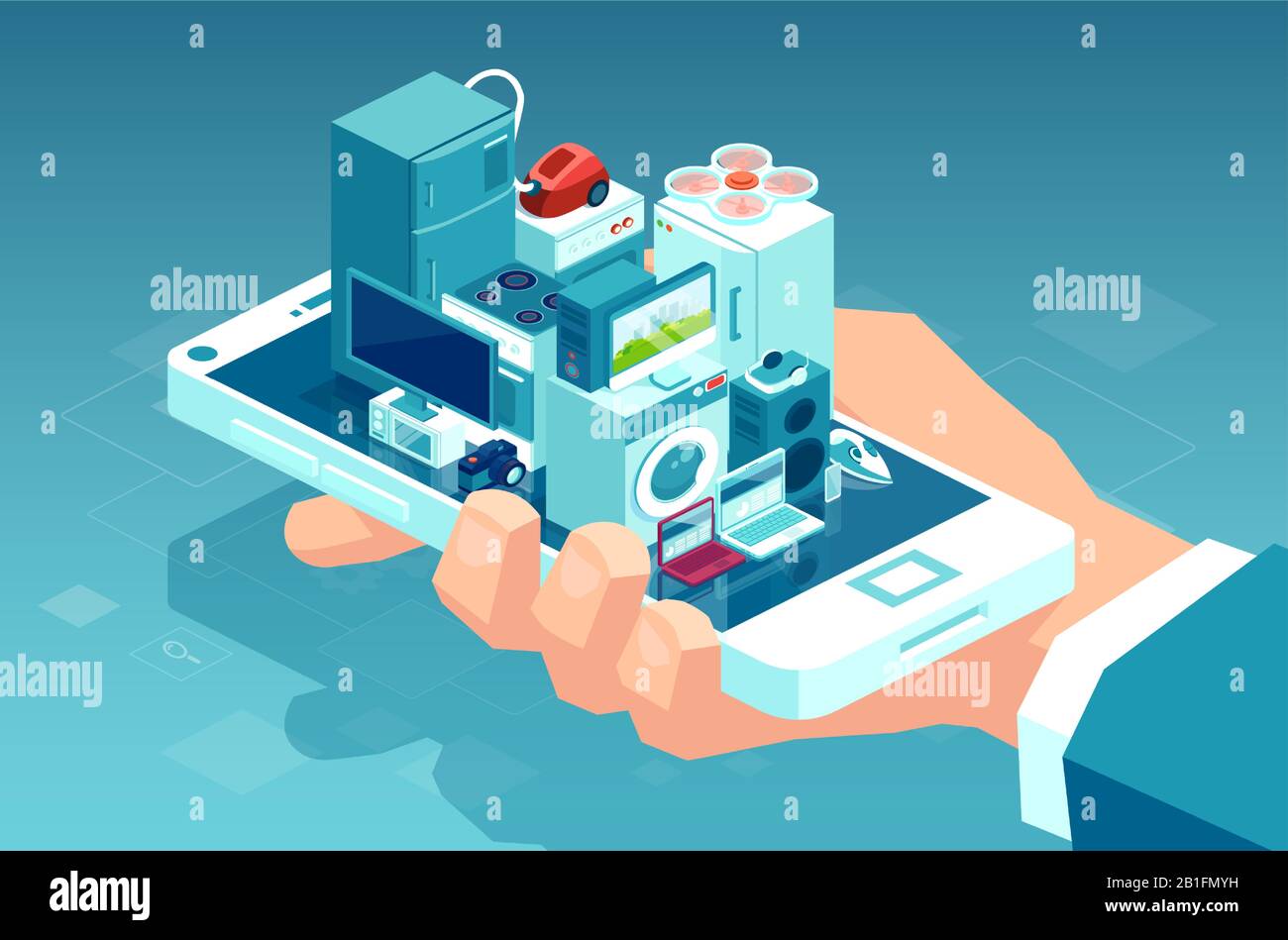 Vector of a man holding smartphone with consumer electronics products and home appliances buying online using mobile app for delivery Stock Vector