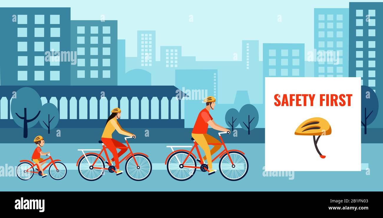 Vector of a family riding bikes, cycling in the city street wearing a safety helmets Stock Vector