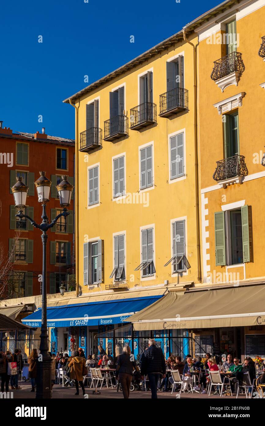 Restaurants in Cours Saleya, Nice, South of France, Stock Photo
