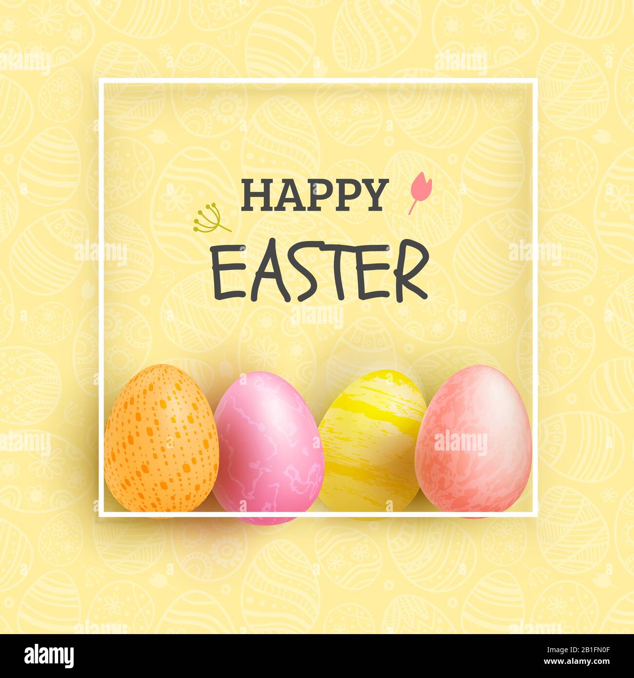 Yellow Easter Egg banner. Eggs in white thin square on yellow pattern background. Happy Easter. Stock Vector