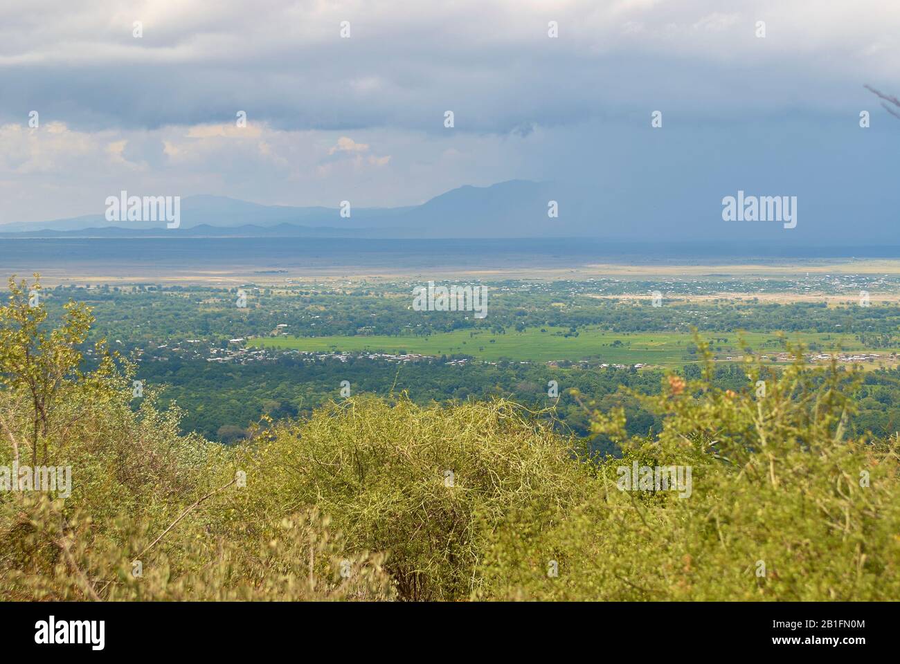 The small town of Mto wa Mbu, seen from the Ngorongoro escarpment road Stock Photo
