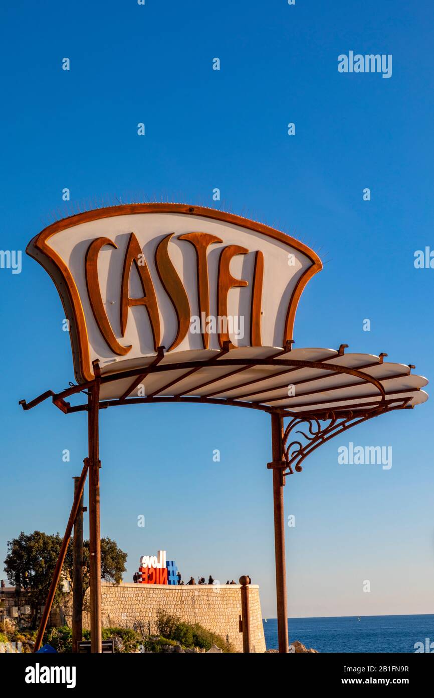 Castel Beach Signage, Nice, South of France, Stock Photo