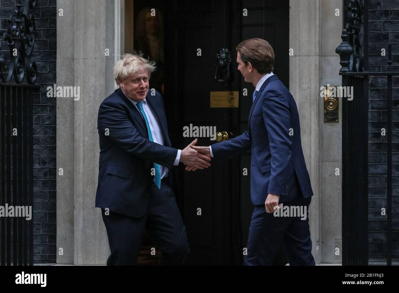Downing Street London, UK. 25th Feb, 2020. British Prime Minister Boris Johnson greets Austrian Chancellor and Head of State, Sebastian Kurz outside Number 10, Downing Street this afternoon. Credit: Imageplotter/Alamy Live News Stock Photo