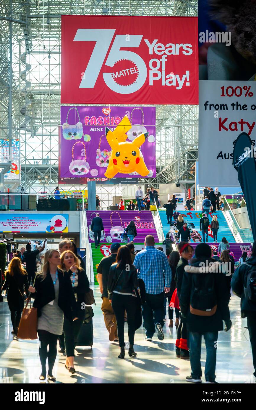 Pokmon inflatable lords over the lobby at the117th North American International Toy Fair in the Jacob Javits Convention center in New York on Sunday, February 23, 2020.  The four day trade show with over 1000 exhibitors connects buyers and sellers and draws tens of thousands of attendees.  The toy industry generates over $26 billion in the U.S. alone and Toy Fair is the largest toy trade show in the Western Hemisphere. (© Richard B. Levine) Stock Photo