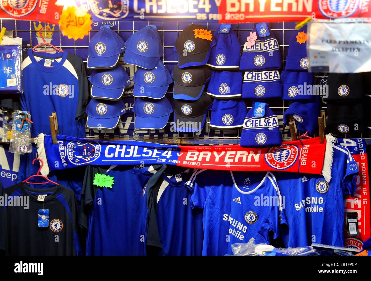 Chelsea merchandise on sale ahead of the UEFA Champions League round of 16  first leg match at Stamford Bridge, London Stock Photo - Alamy