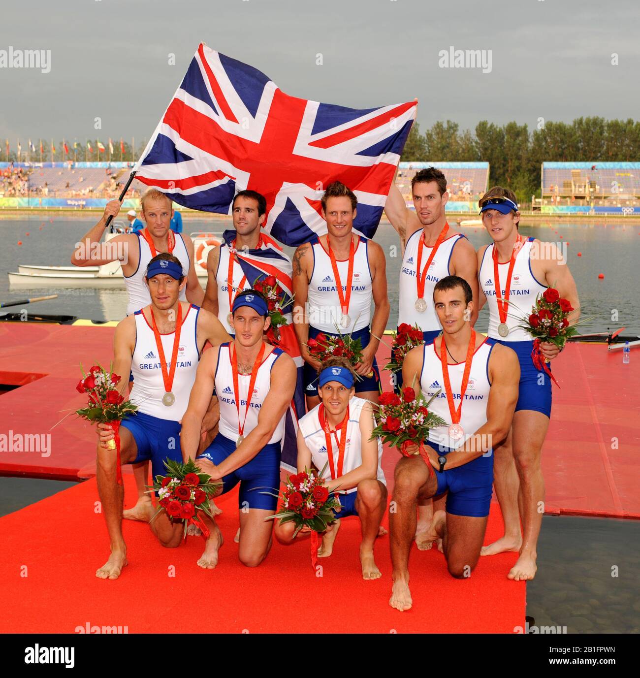 Shunyi, CHINA. CAN M8+  bow, PARTRIDGE Alex, STALLARD Tom, LUCY Tom, EGINGTON Richard WEST Josh, HEATHCOTE Alastair, LANGRIDGE Matt stroke SMITH Colin and cox NETHERCOTT Acer  winning and celebrating the Silver  Medal, in the Men's eights  at the 2008 Olympic Regatta, Shunyi Rowing Course. 17/08/2008 [Mandatory Credit: Peter SPURRIER, Intersport Images] Stock Photo