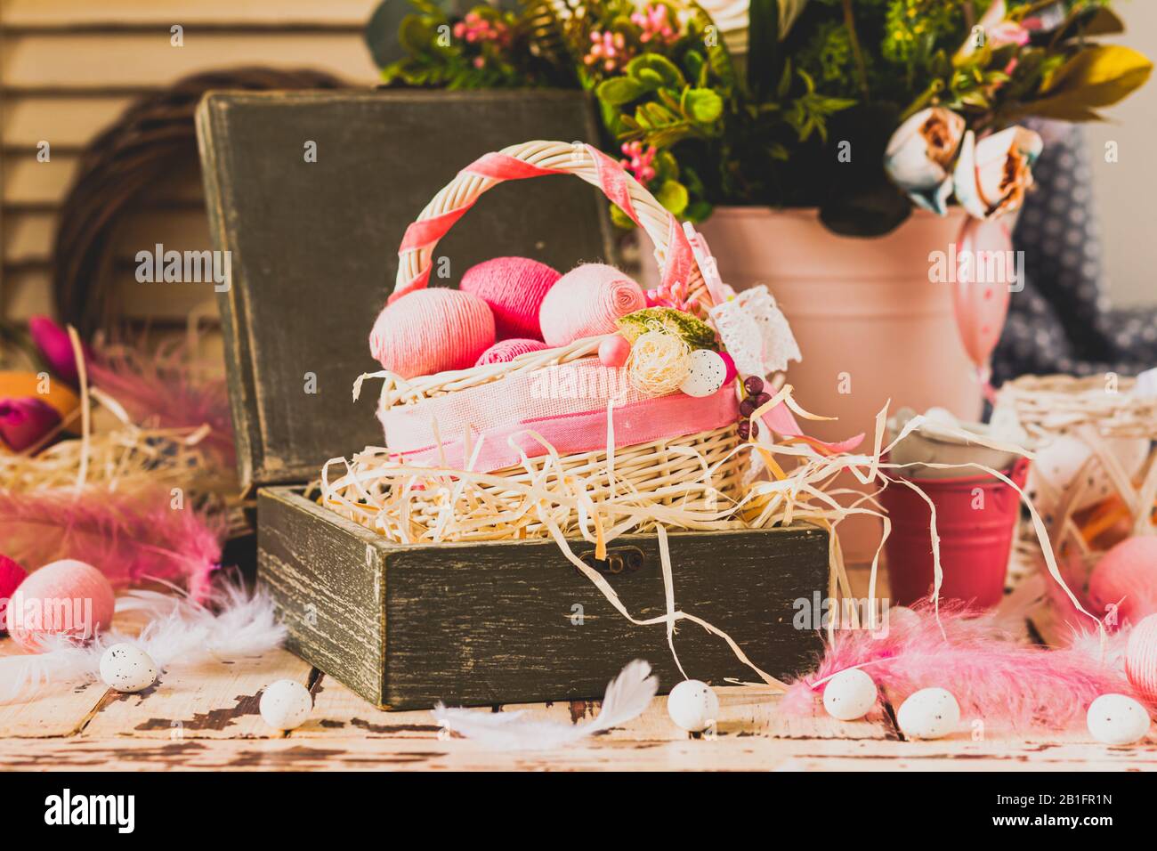 Old style Easter decor in pink colours Stock Photo