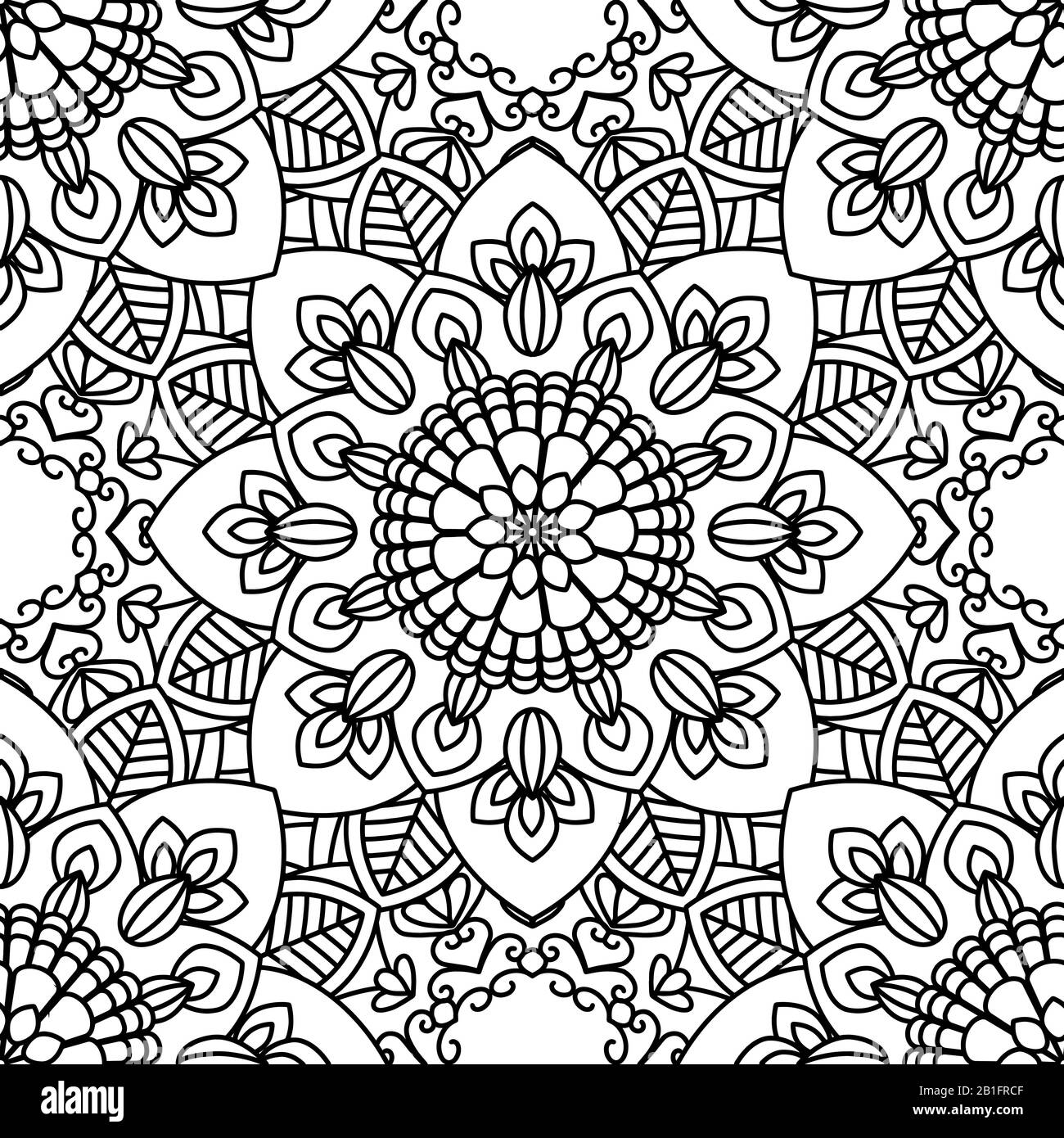 Mandala ethnic seamless pattern. Adult coloring page. Black and white repeat pattern background. Vector illustration. Stock Vector