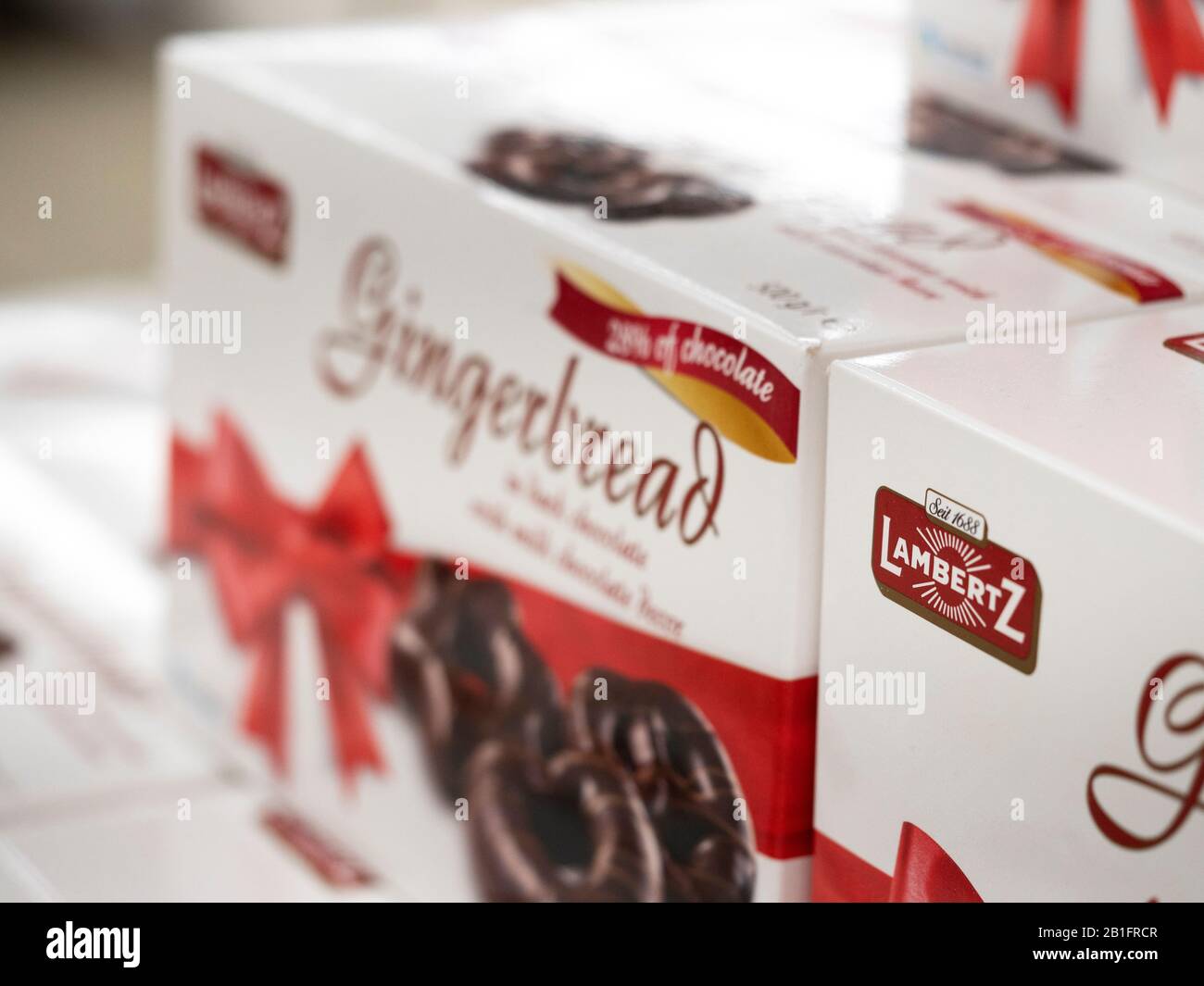 Chocolate Gingerbread Boxes Lambertz on a shelf in a store Stock Photo