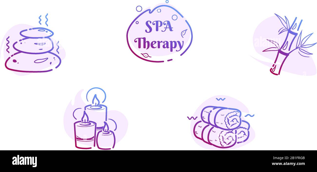 Line massage wellness icons set of spa stones, bamboo, hot rolled towels, candles. Relaxation therapy concept with logo design. Alternative oriental zen. Vector logo pictogram drawing isolated. Stock Vector