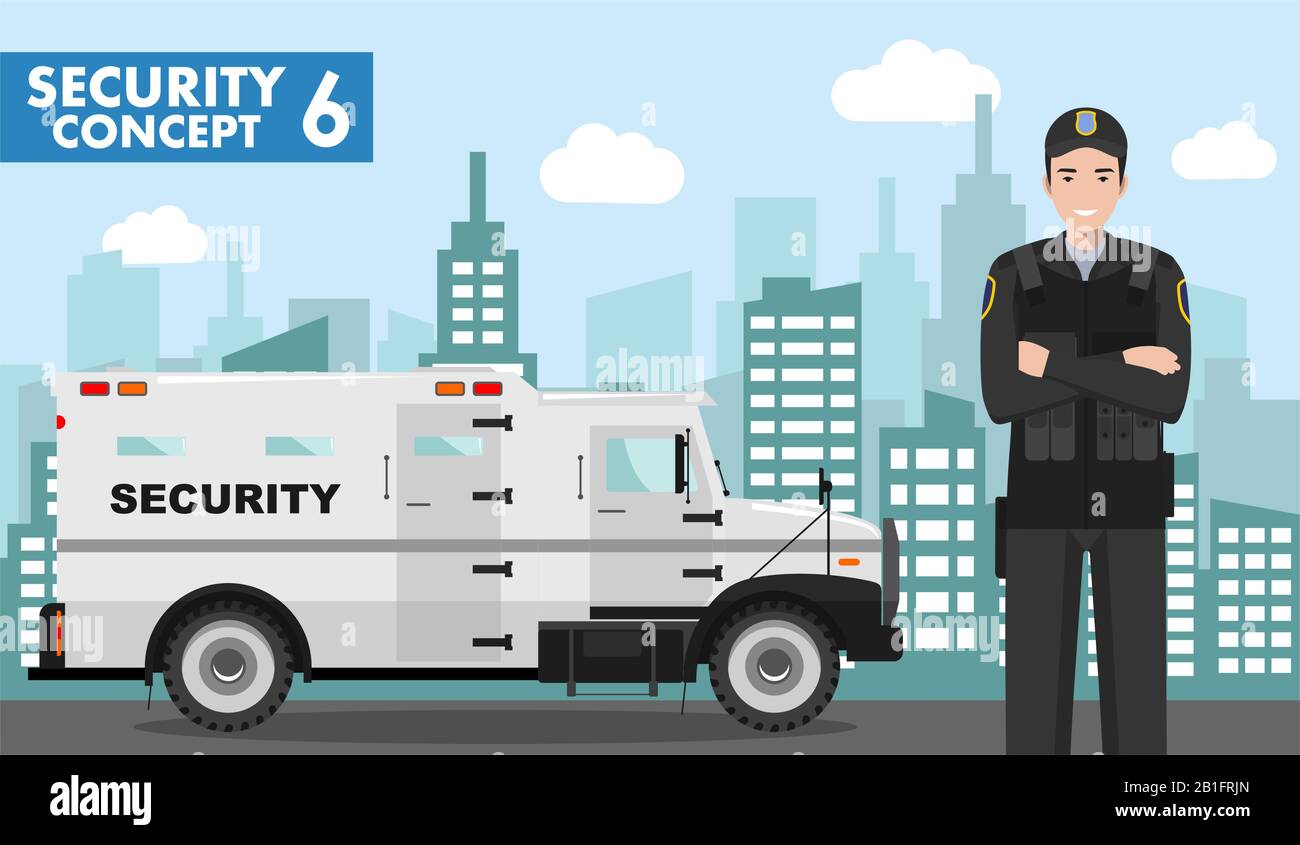 Security concept. Detailed illustration of armored car and security guard on background with cityscape in flat style. Vector illustration. Stock Vector