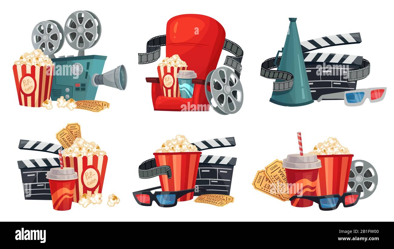 Cartoon cinema. Movie projector, 3d cinema glasses and vintage film camera illustration vector set Stock Vector