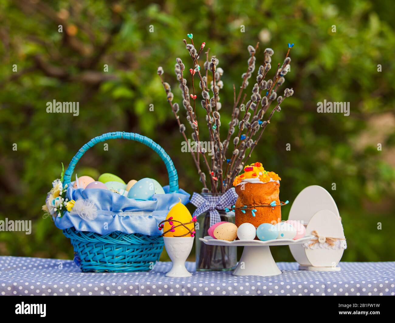 Spring holidays concept. Easter cake and eggs Stock Photo